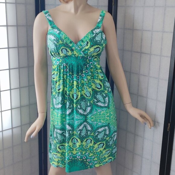 INC Boho-Inspired Green Paisley Faux Wrap Midi Dress with Stud Detail Sz M - Picture 2 of 9